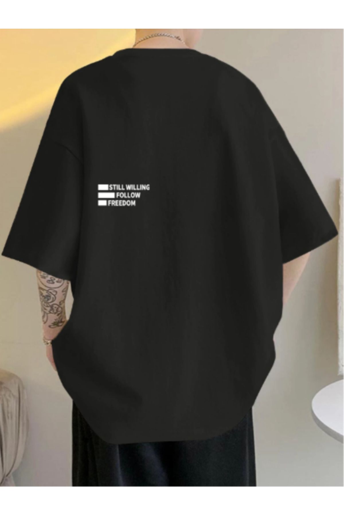 HY FASHION Unisex Erkek Siyah Baskılı Oversize Pamuklu Bisiklet Yaka Salaş T-Shirt