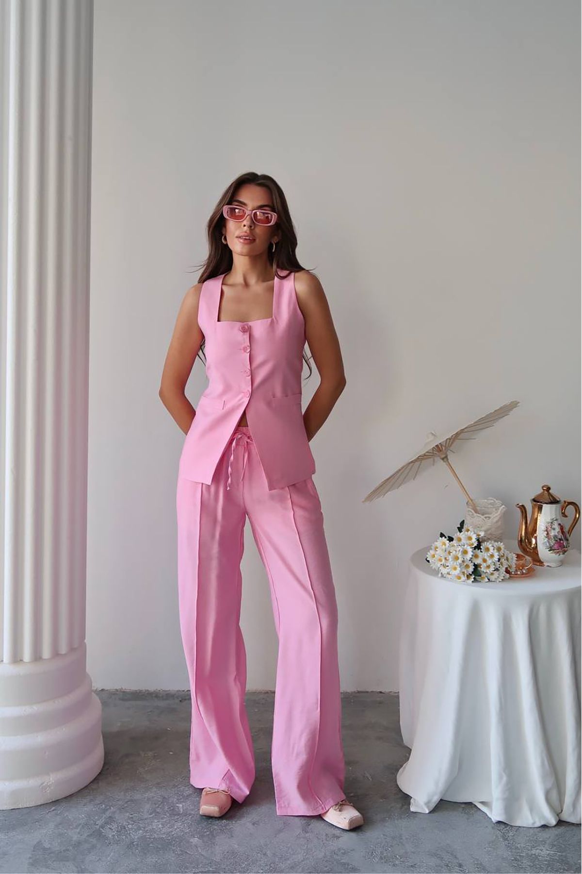 Neşeli Butik kadın yazlık yelek pantolon ikili keten takım NBG096