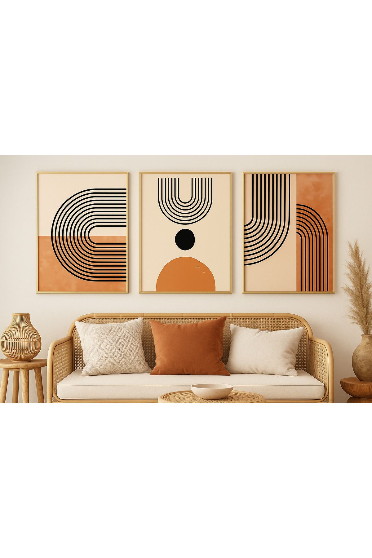 seninürünün Terracotta İzler Tablosu Soyut 3'lü Tablosu - Gerçek Cama Baskı Siyah Alüminyum Metal Çerçeveli