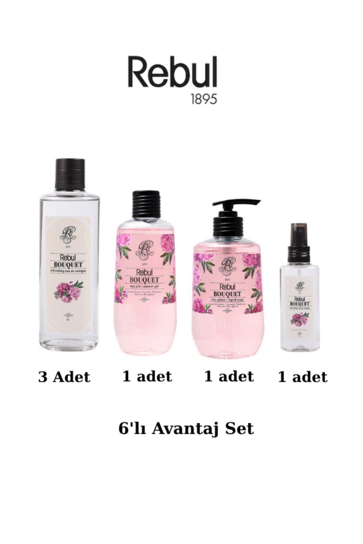 Rebul Bouquet 6’lı Set: 3x250ml Cam Şişeli Kolonya, 500ml Duş Jeli, 500ml Sıvı Sabun, 125ml Sprey Pet