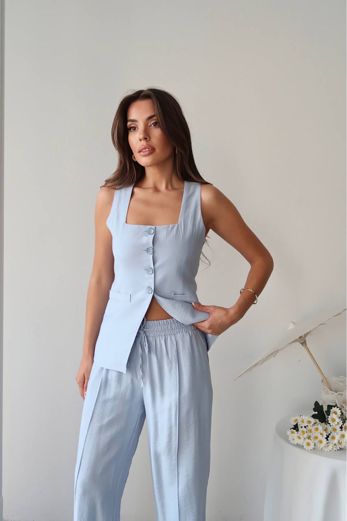 Neşeli Butik kadın yazlık yelek pantolon ikili keten takım NBG096