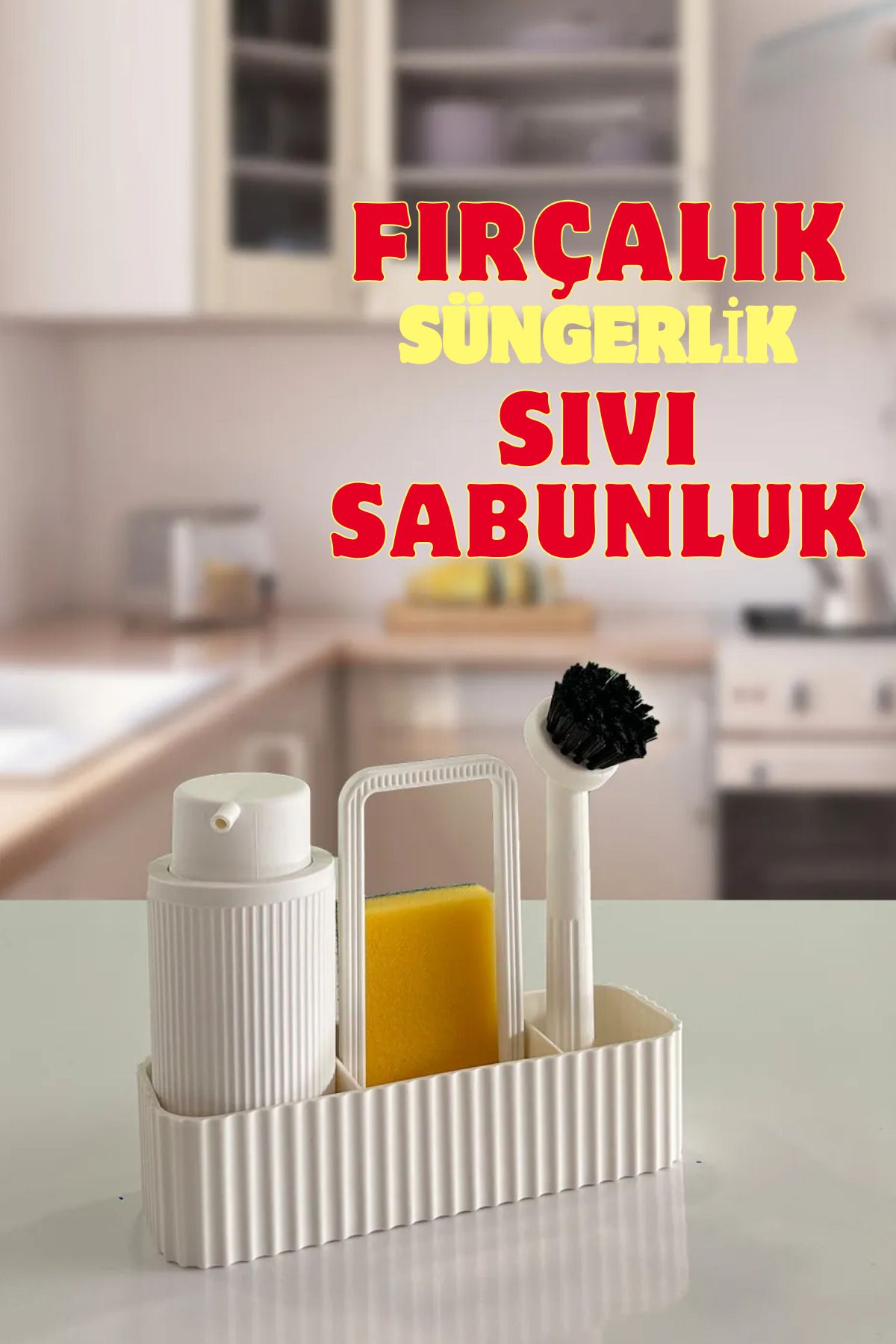 UFİX Beyaz Fırçalı Mutfak Lavabo Seti Tezgah Üstü Sıvı Sabunluk Fırçalık Süngerlik & Bez Askılığı