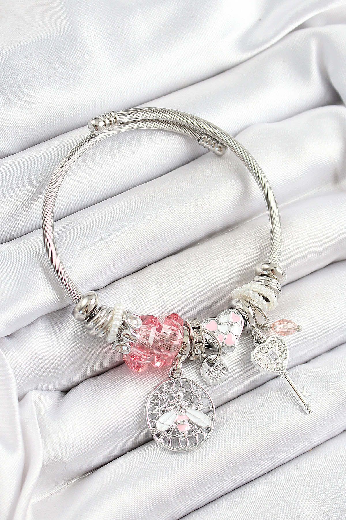 Avantaj Kapıda ® 316L Çelik Pembe Zirkon Taşlı Baykuş Arı Ve Anahtar Model Gümüş Renk Charm Bileklik