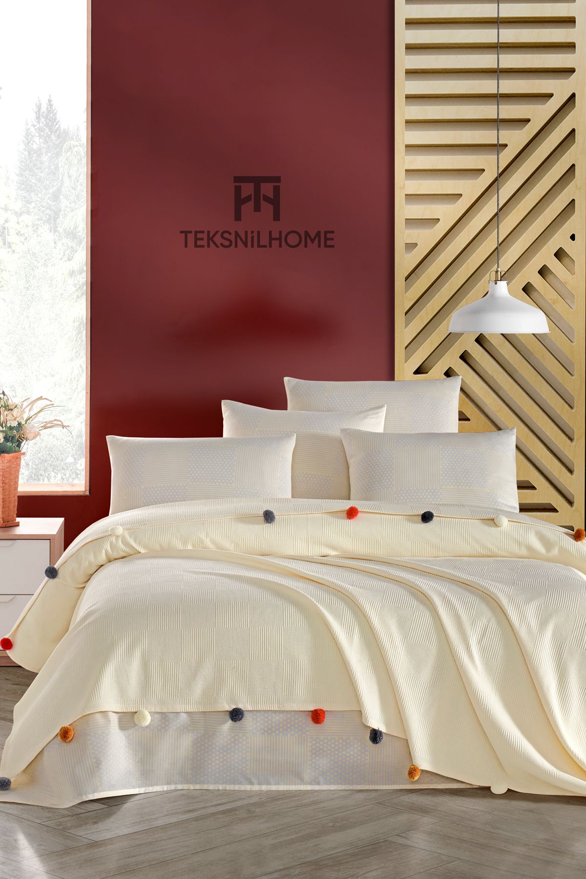 TeksNil Home %100 Pamuk Krem Ponponlu Pike Takımı 3 Parça (Pike,Çarşaf,Yastık Kılıfı)