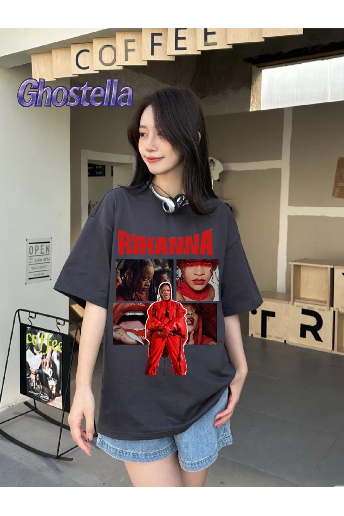 Minga London Füme Red Rihanna Baskılı Oversize Unisex Tshirt - Ghostella