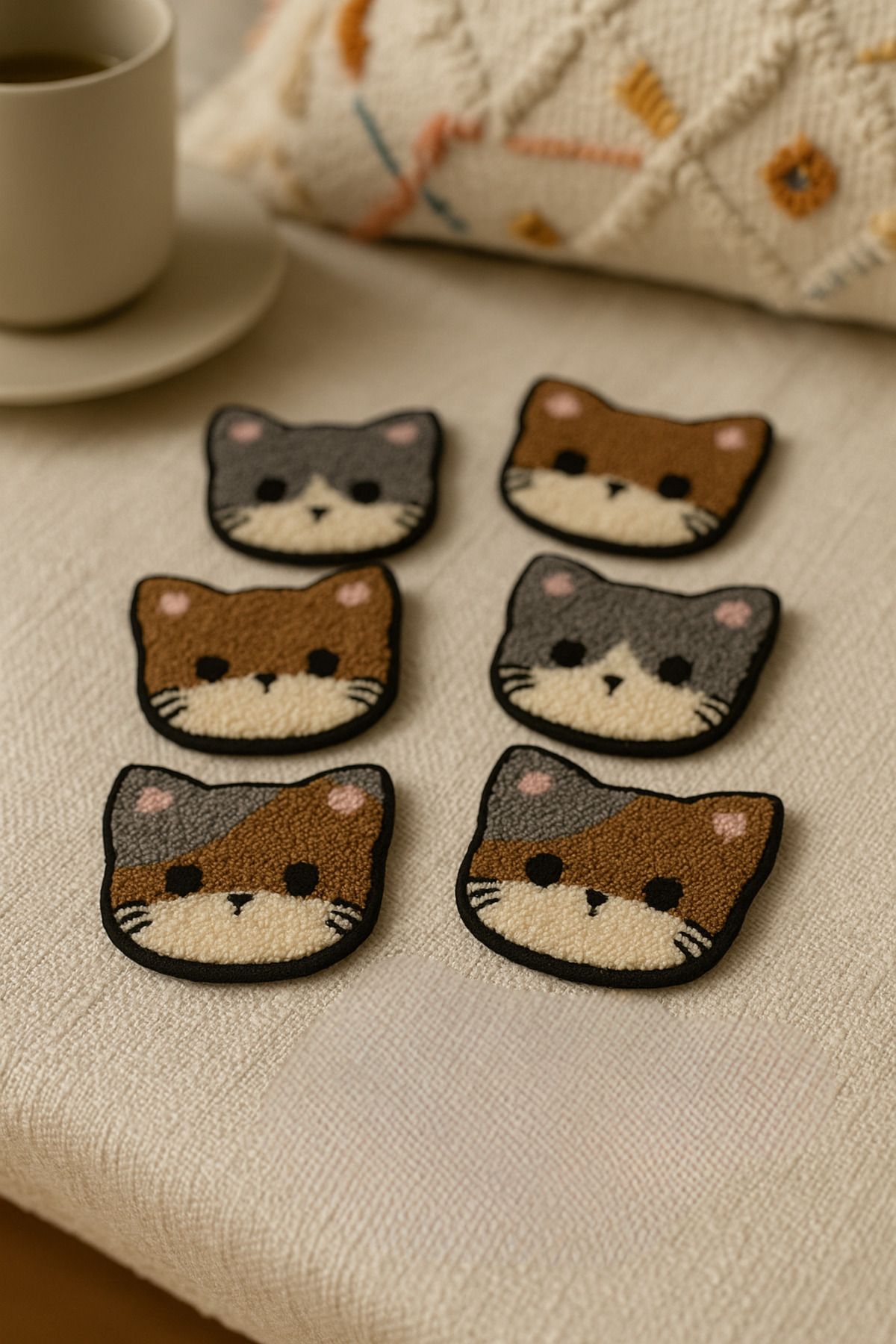 Rell Home El Yapımı Punch Kedi Bardak Altlığı – 6’lı Sevimli Set