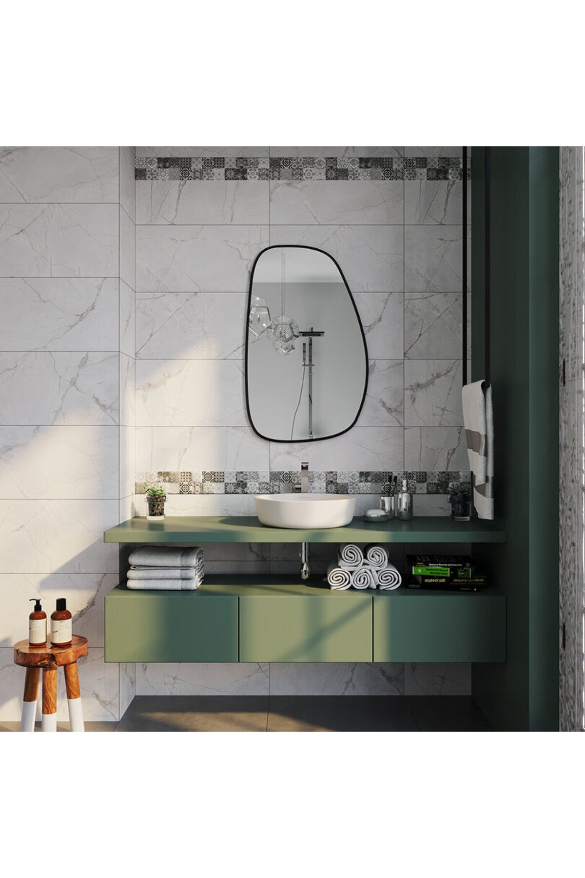 Aypars Atölye Asimetrik Banyo Aynası – Siyah Çerçeveli Duvar Tipi Ayna, Modern Skandinav Tarz