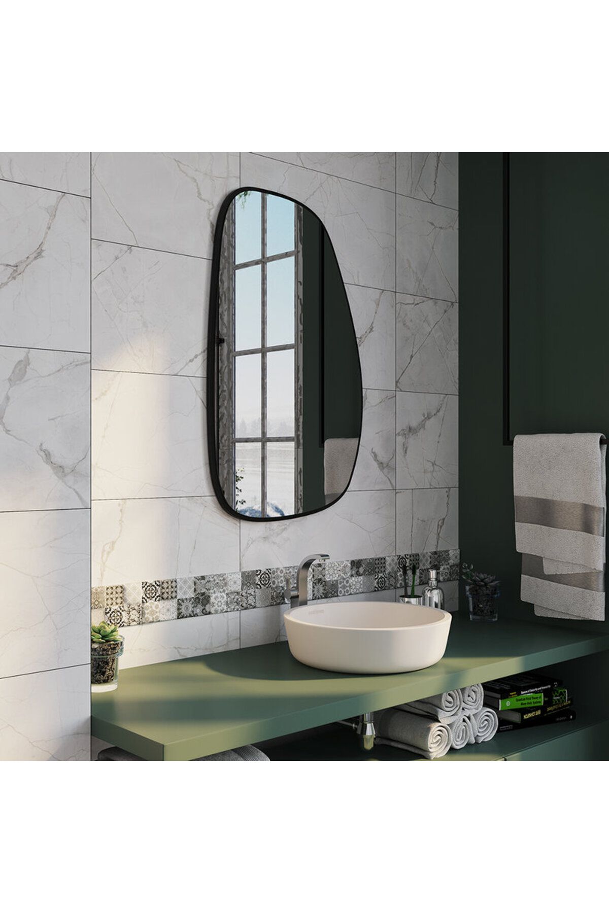 Aypars Atölye Asimetrik Banyo Aynası – Siyah Çerçeveli Duvar Tipi Ayna, Modern Skandinav Tarz