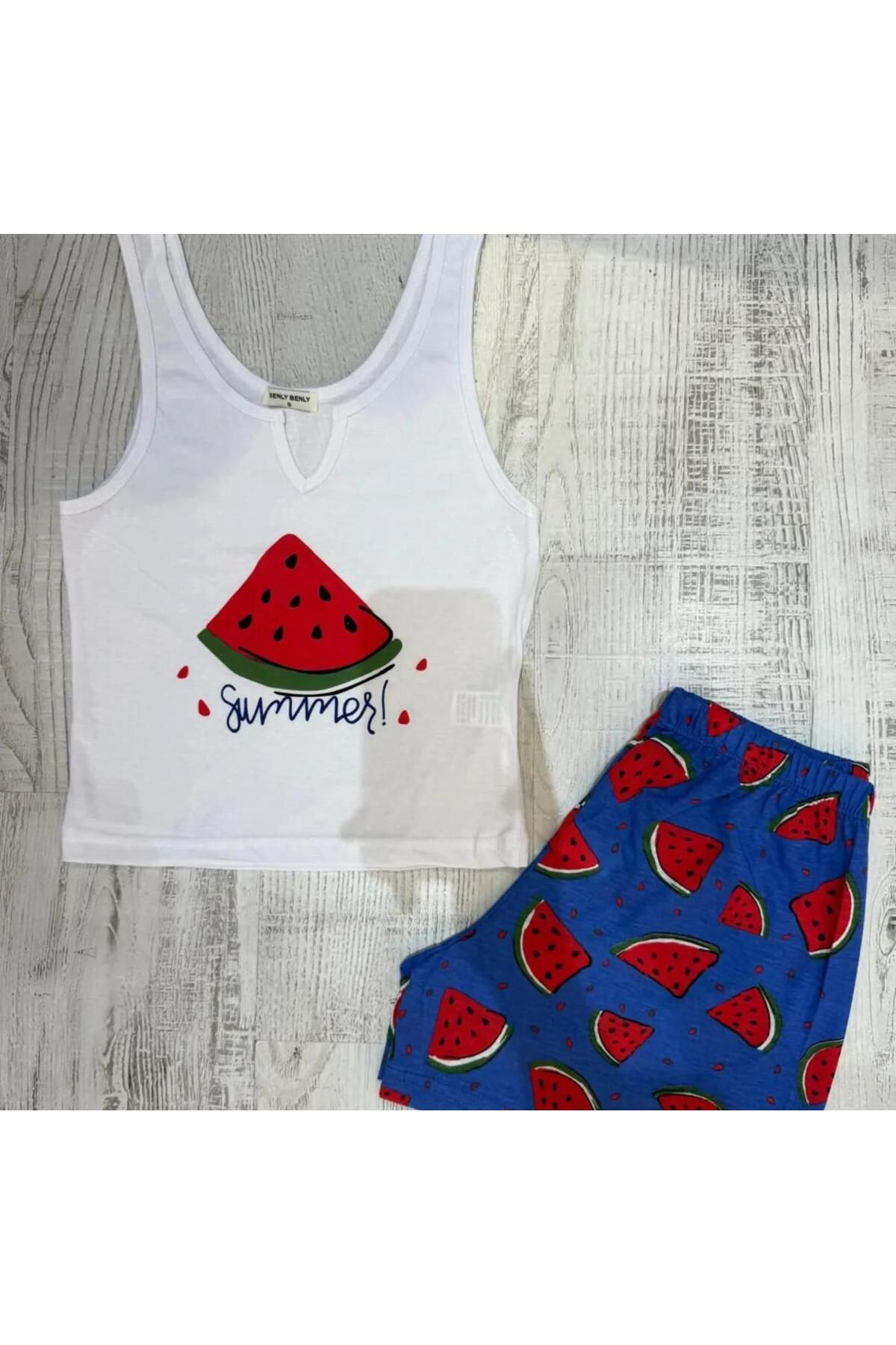 VibeGaia Kadın Karpuz Desenli Yazlık Atlet Şort Pijama Takımı Summer Baskılı