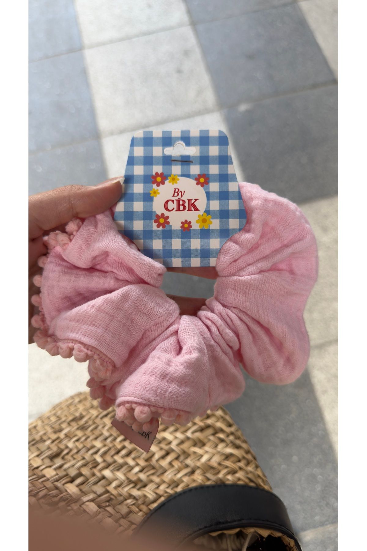 BY CBK Organik müslin kumaş ponponlu lastik toka