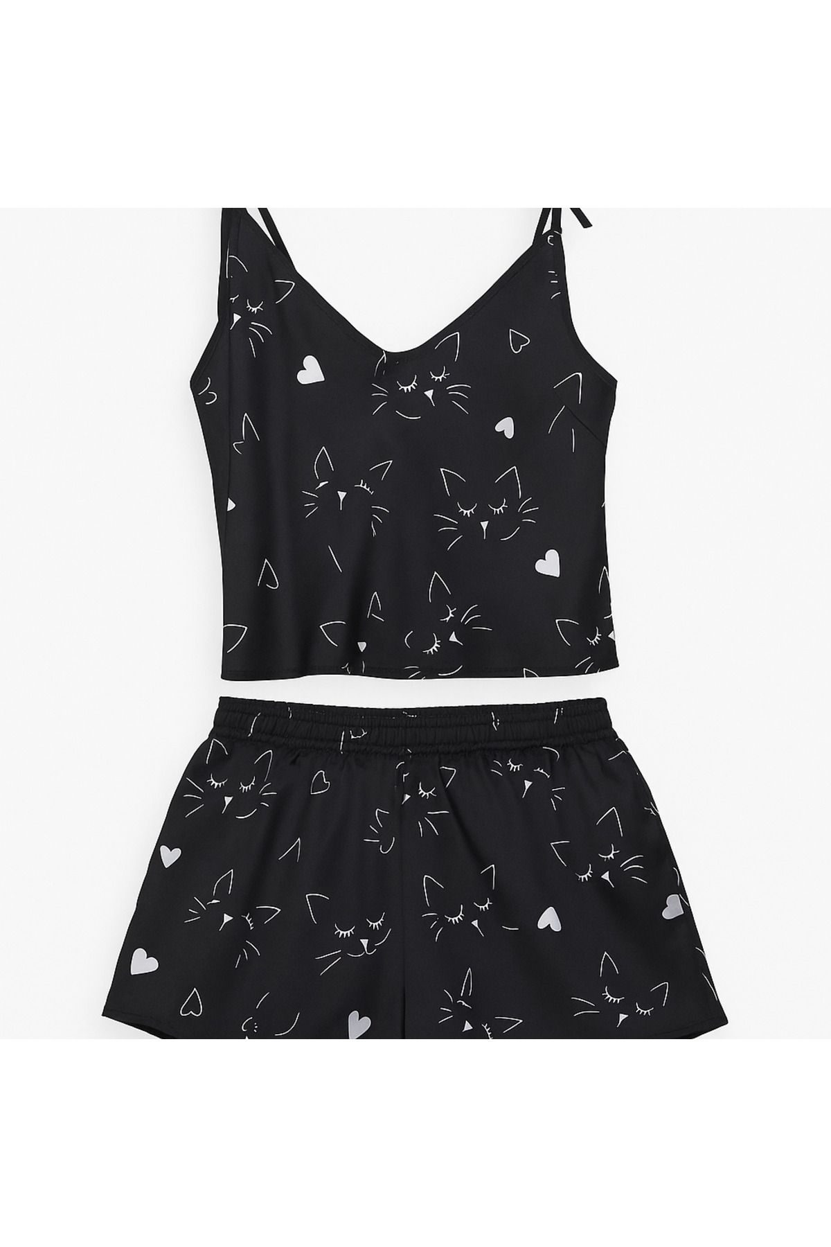 AMOR Kadın Şortlu Pijama Takımı – Kedi Desenli Siyah