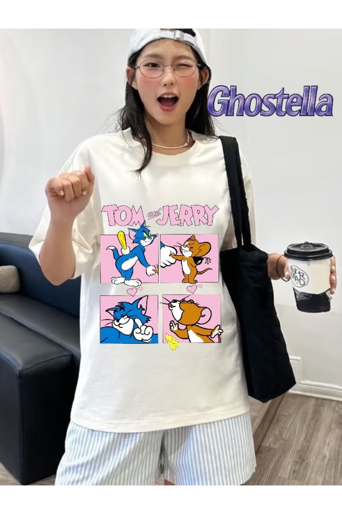Minga London Beyaz Cat & Mouse Baskılı Oversize Unisex Tshirt - Ghostella