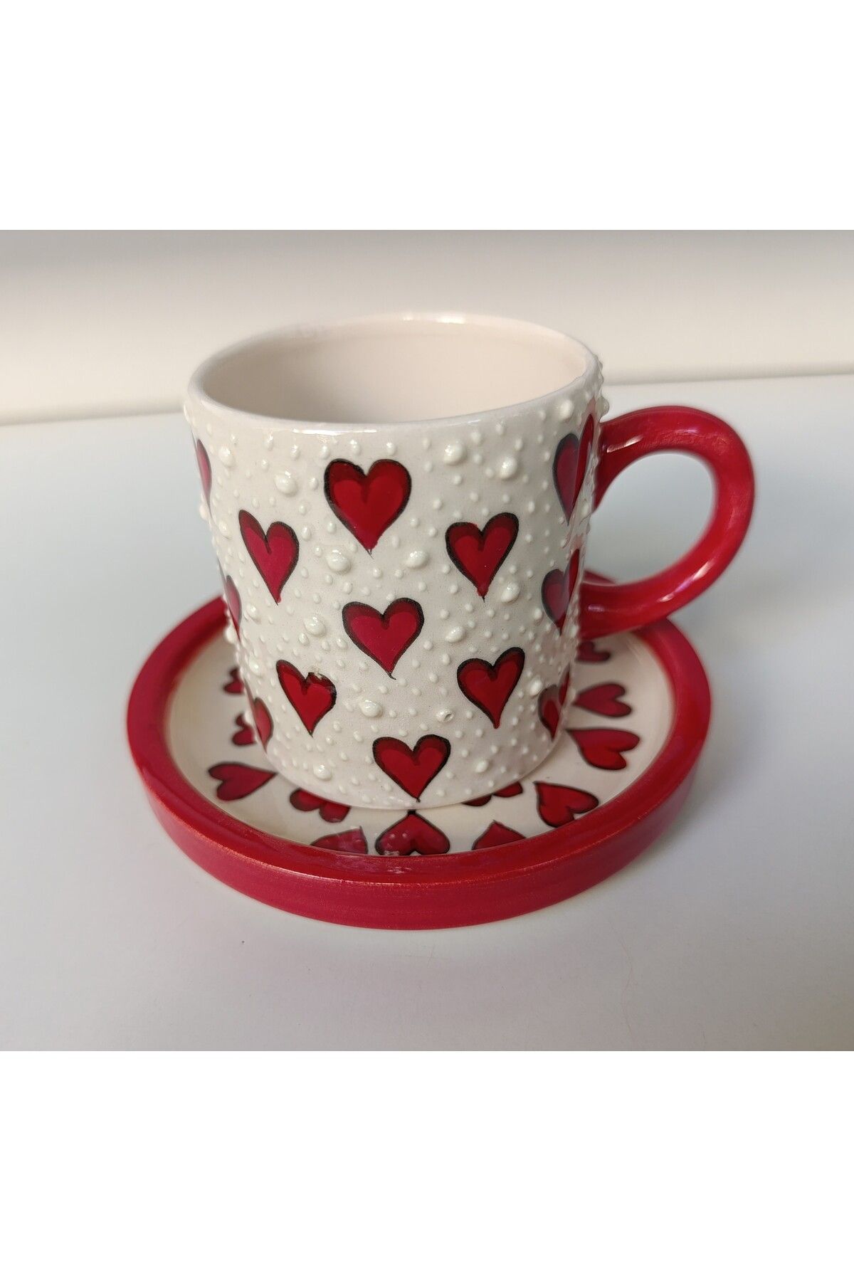 shop El yapımı kalp desenli seramik tabaklı espresso kahve kupası