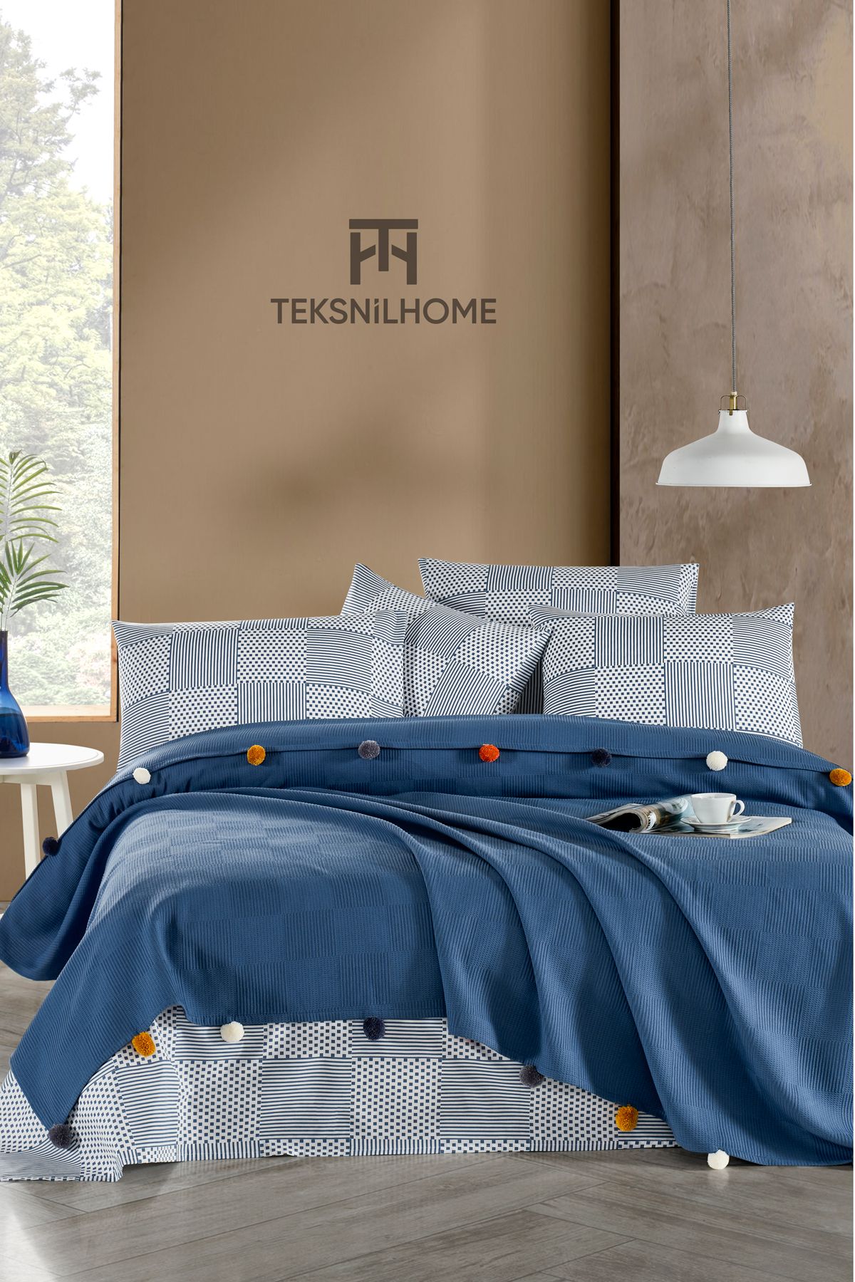 TeksNil Home %100 Pamuk İndigo Ponponlu Pike Takımı 3 Parça (Pike,Çarşaf,Yastık Kılıfı)