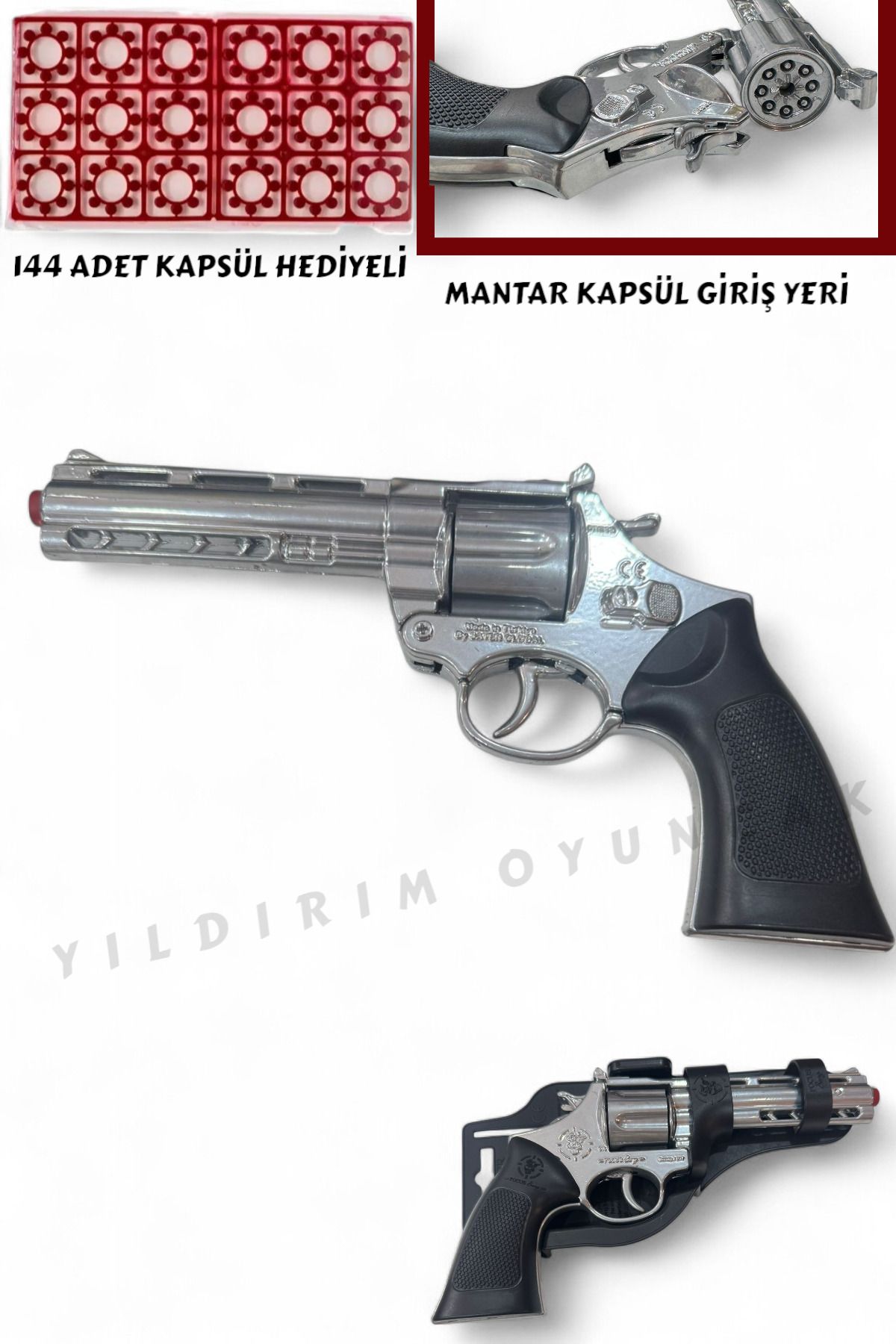 YILDIRIM OYUNCAK Gri Metal Revolver Silah 25 cm Mantar Kapsül Atan Tabanca Revolver 144 Adet Kapsül Hediyeli