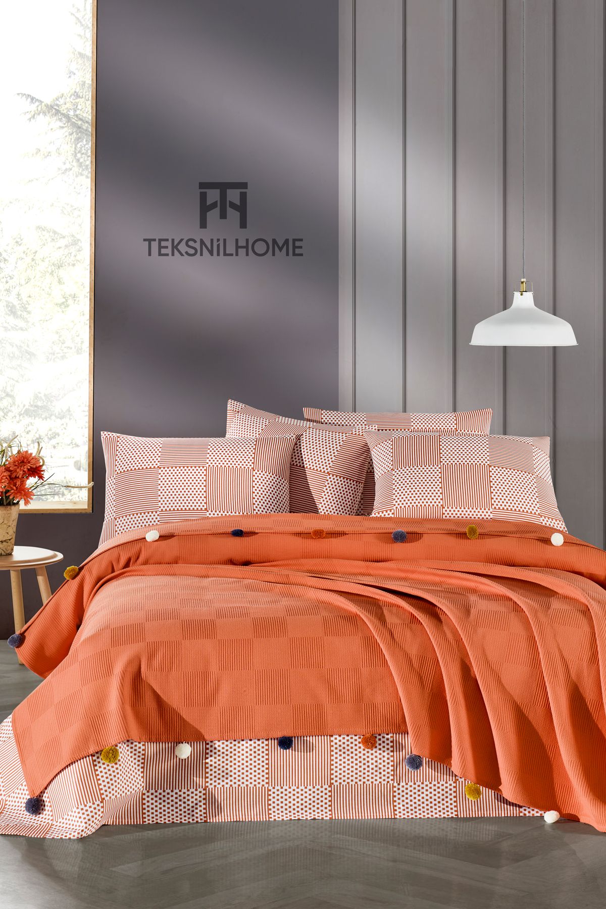 TeksNil Home %100 Pamuk Kiremit Ponponlu Pike Takımı 3 Parça (Pike,Çarşaf,Yastık Kılıfı)
