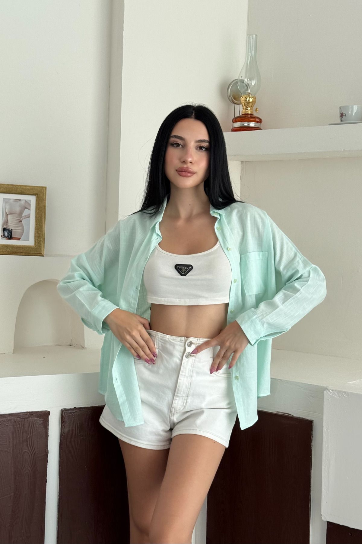 alanora Kadın Keten Karışımlı Oversize Tek Cepli Gömlek