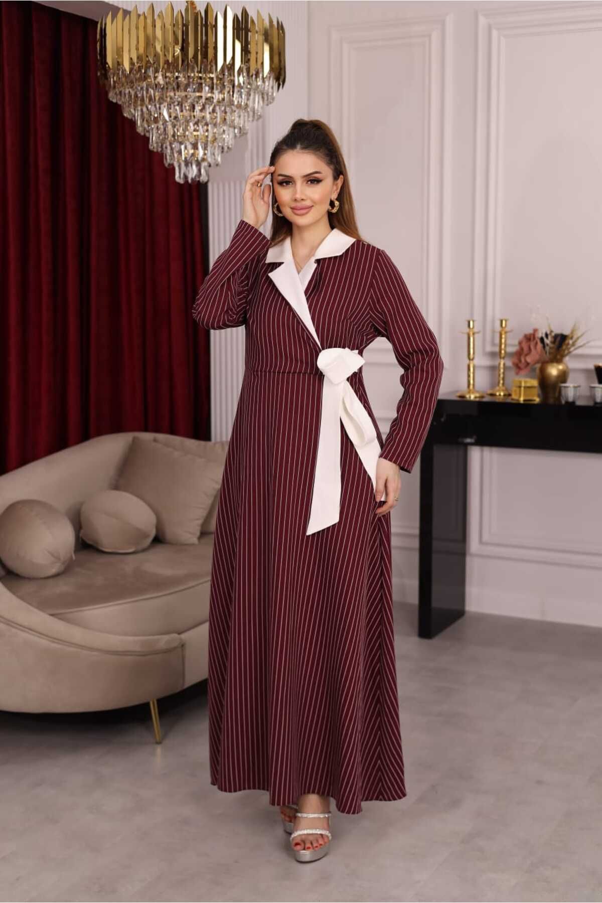 newmisal GARNİLİ YAKA ÇİZGİLİ ELBİSE