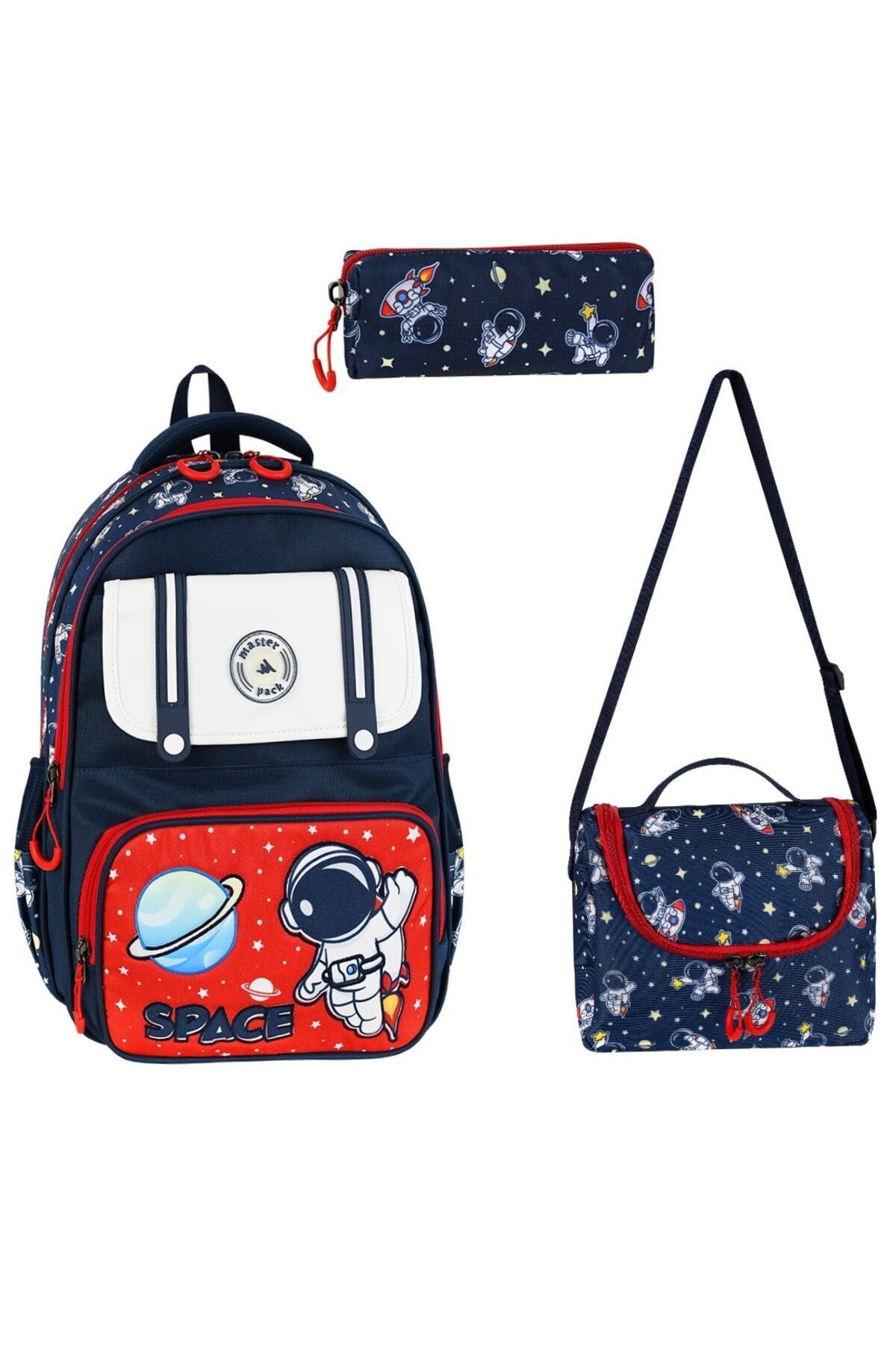 Alanç Gift Kore Tarzı Astronot Desen Erkek Çocuk Ortopedik İlkokul Sırt Çantası Folyolu Beslenme+Kalemlik