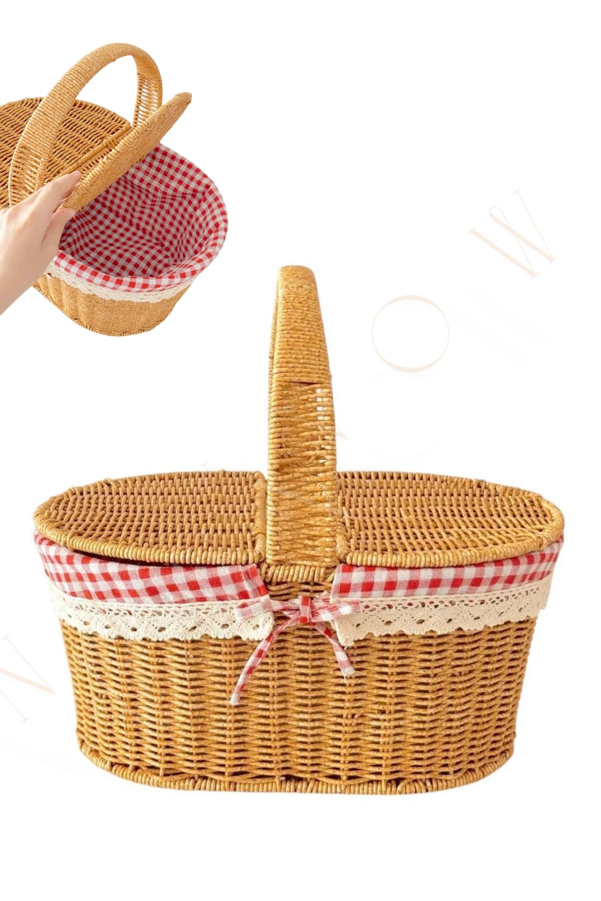 NEWNOW Pikniklerin Yıldızı, Kapaklı El Yapımı Hasır Sepet, Kırmızı Ekose Detaylı Piknik Sepeti Retro Şıklık