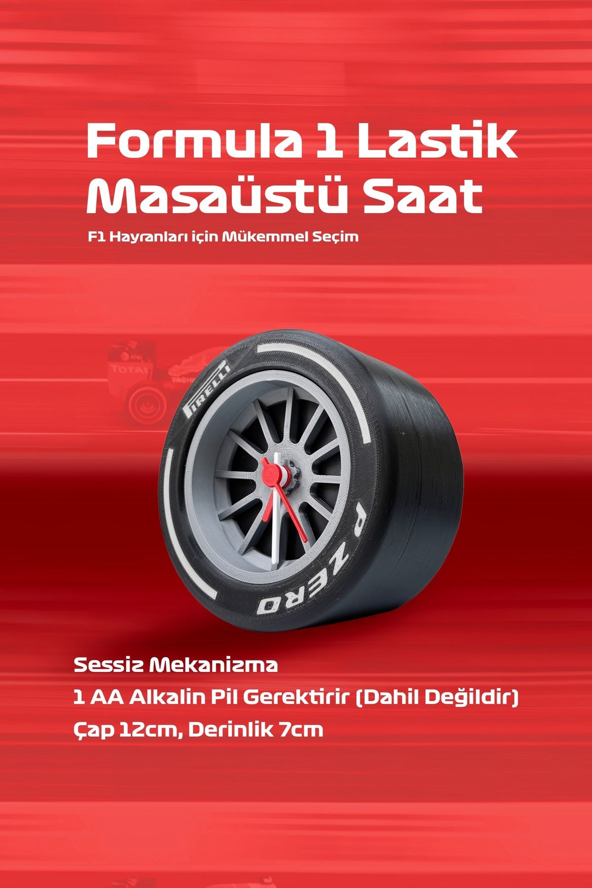 Hediyenn Formula 1 Lastik Tasarımlı Sessiz Masaüstü Saat | 3D Baskı Masaüstü Saat | 12x12 cm