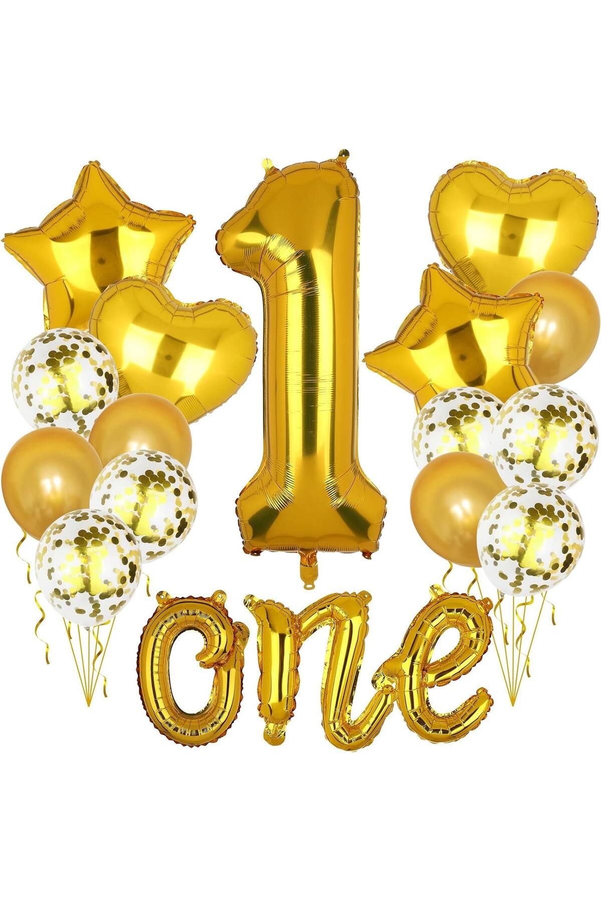 turkuaz parti 1 YAŞ GOLD KALP BALON SETİ,1 YAŞ GOLD YILDIZ BALON SETİ