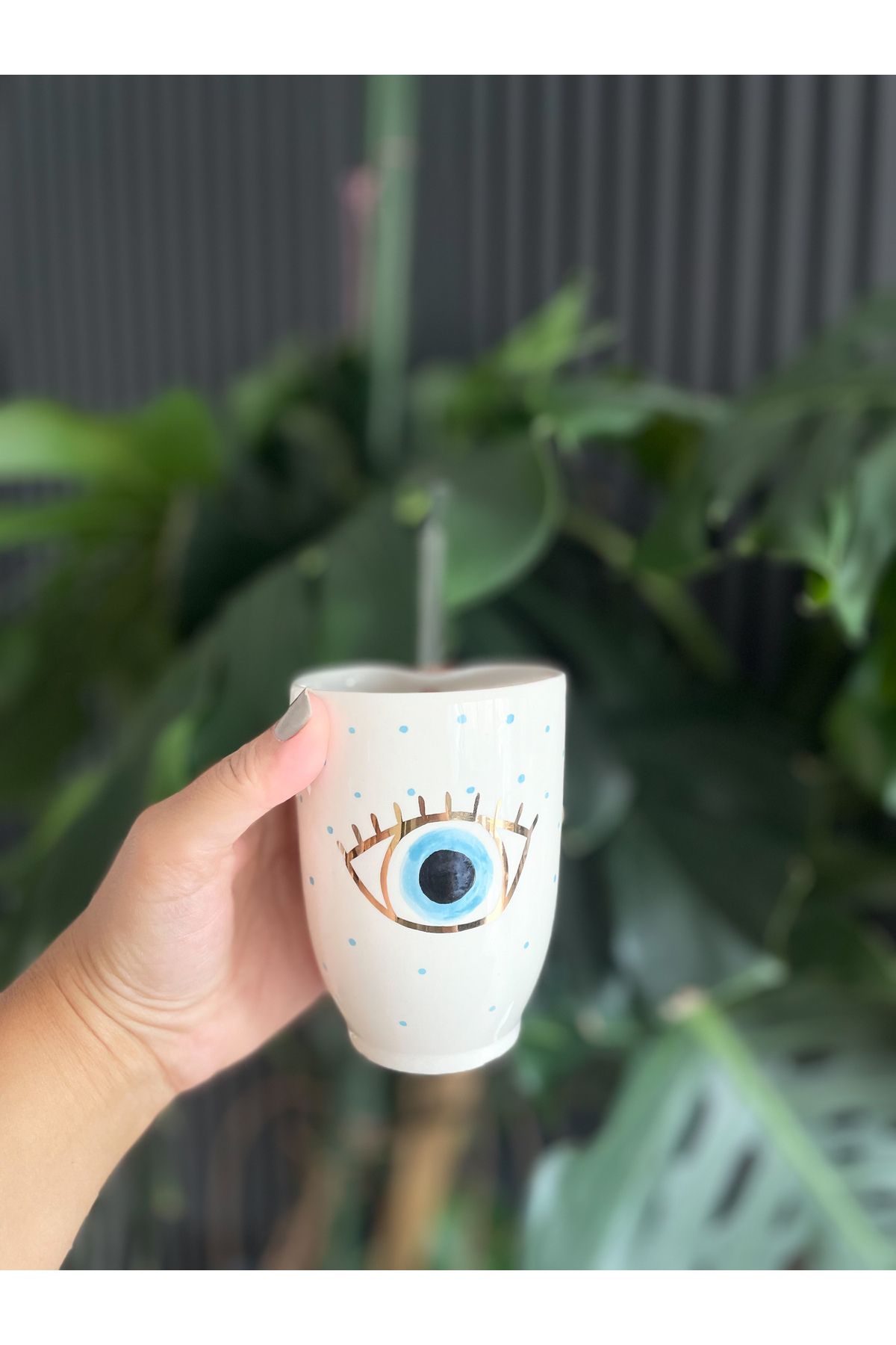 Mugtasarım 24K Altın Yaldızlı El Yapımı Seramik Nazar Göz Soğuk Kahve Fincanı 250 ml
