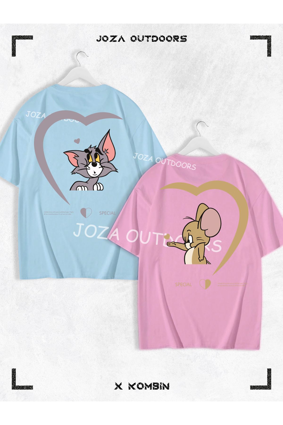 Joza Outdoors Kadın Erkek Kalp Tom ve Jerry SIRT Baskılı Sevgili Çift Kombini Oversize Renkli Tshirt 2'li Takım
