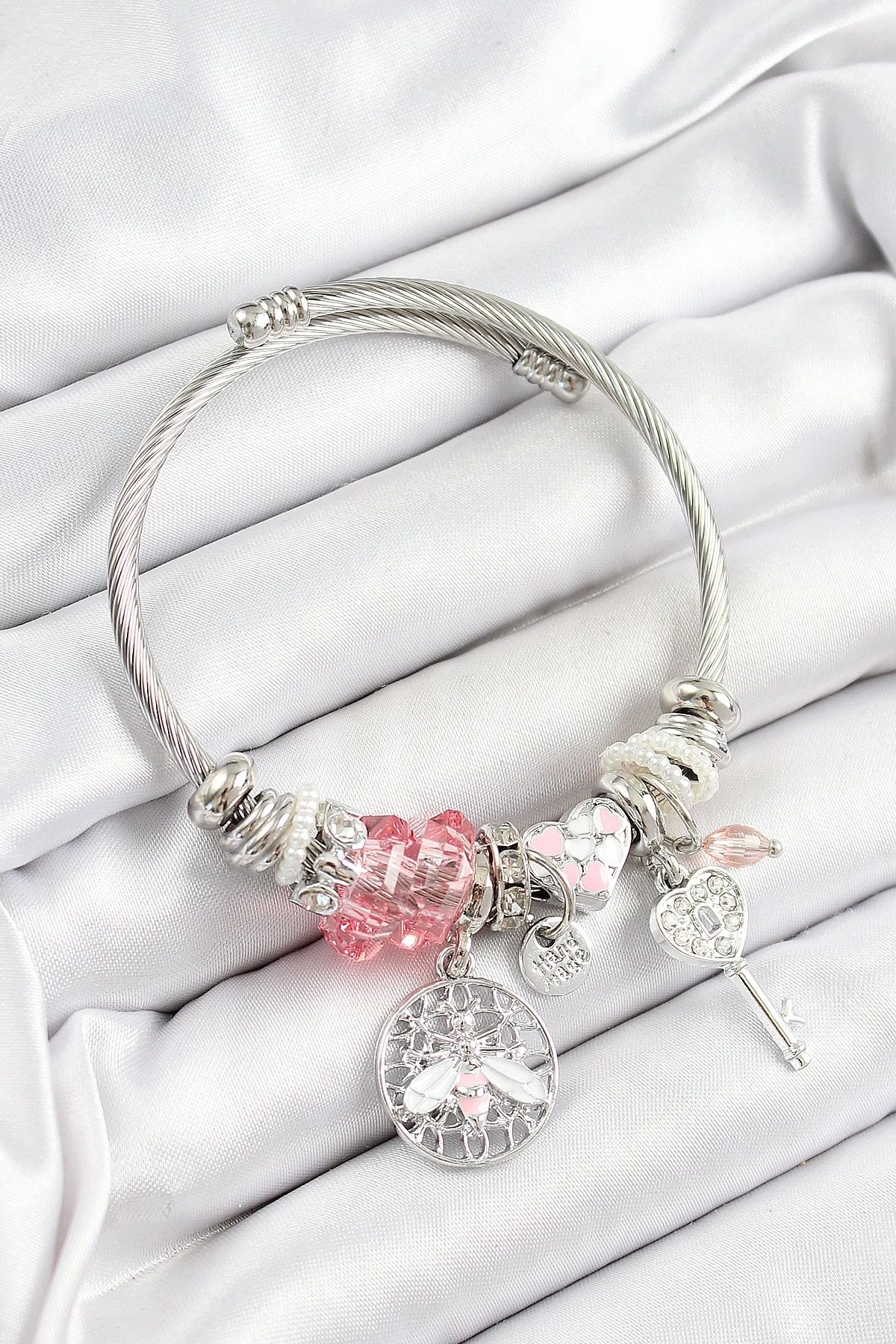 Clariss 316L Çelik Pembe Zirkon Taşlı Baykuş Arı Ve Anahtar Model Gümüş Renk Charm Bileklik