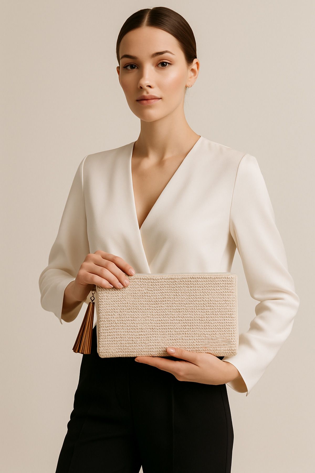 bagyard El Yapımı Örgü Clutch Çanta – Krem Renk, Deri Detaylı, Şık & Zarif Tasarım