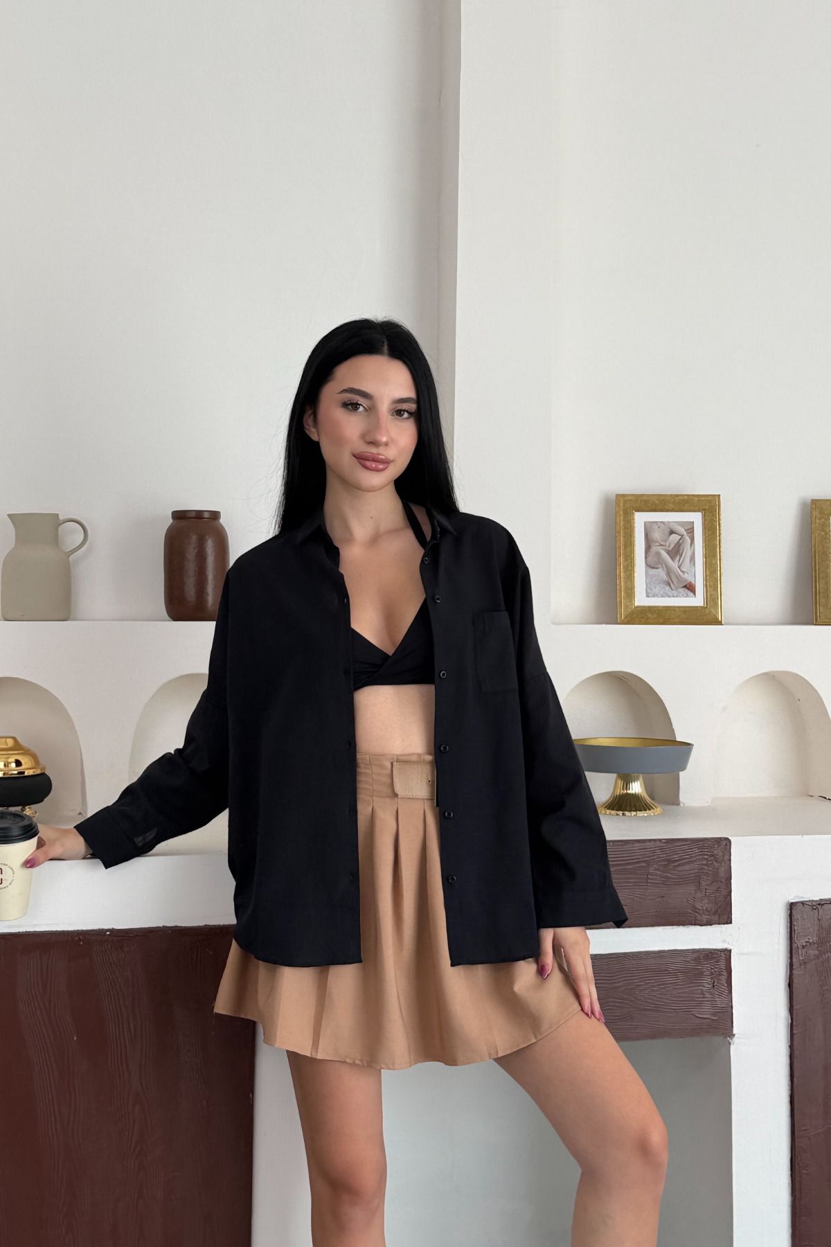 alanora Kadın Keten Karışımlı Oversize Tek Cepli Gömlek