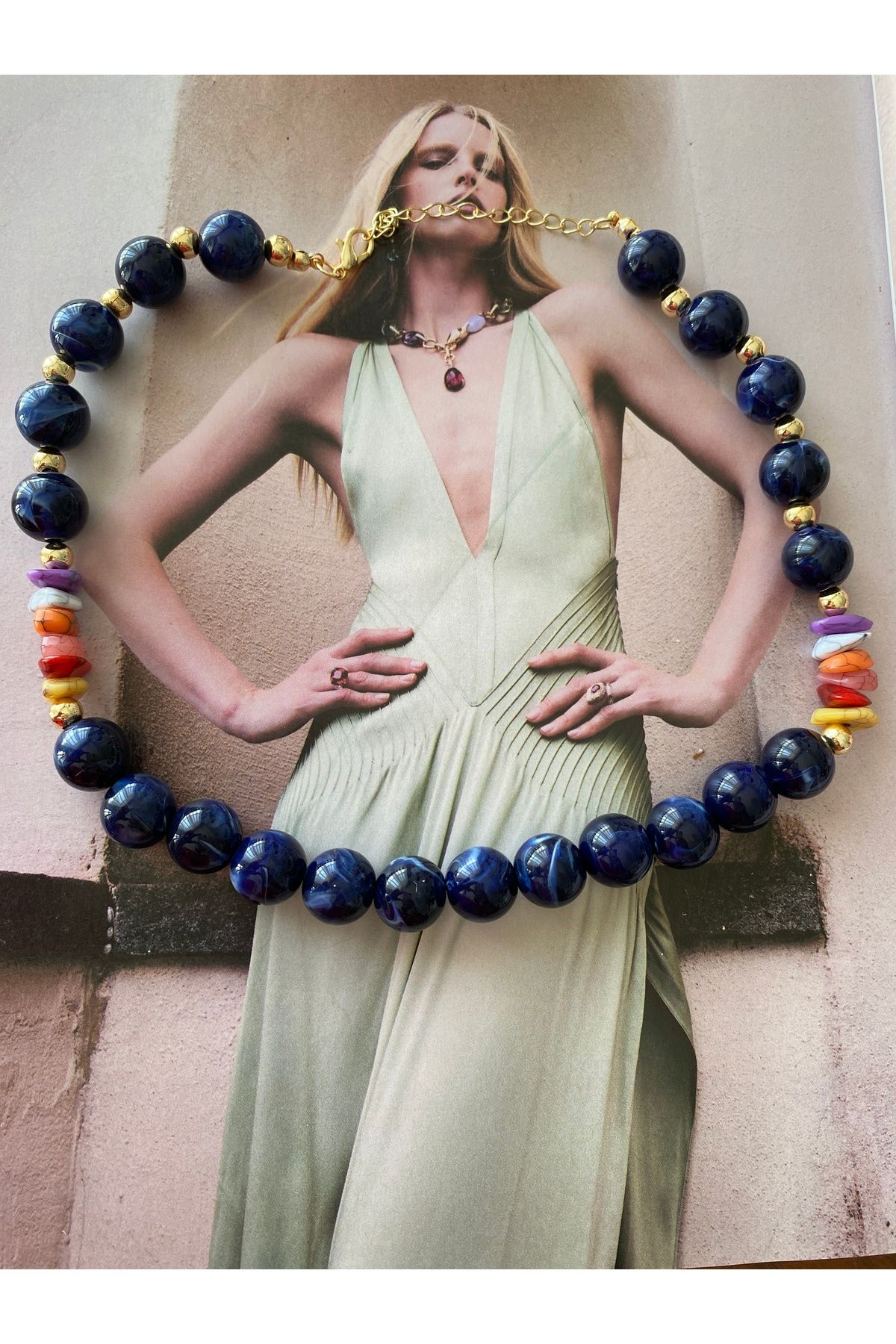 Pinery Jewels Lacivert İri Boncuklu Yazlık Kadın Kolye – Modern ve Şık Tasarım