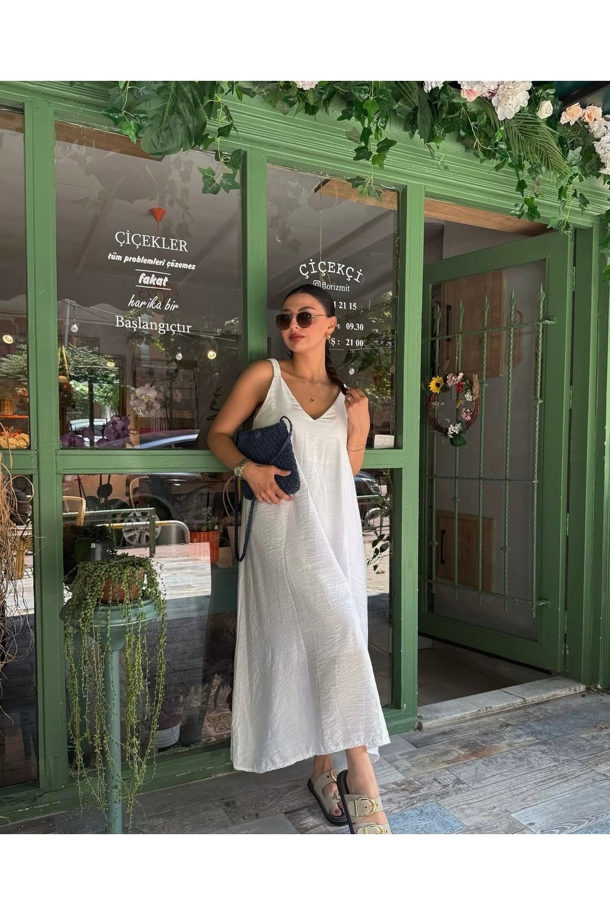 Voga Butik Kadın V Yaka Beyaz Uzun Keten Elbise