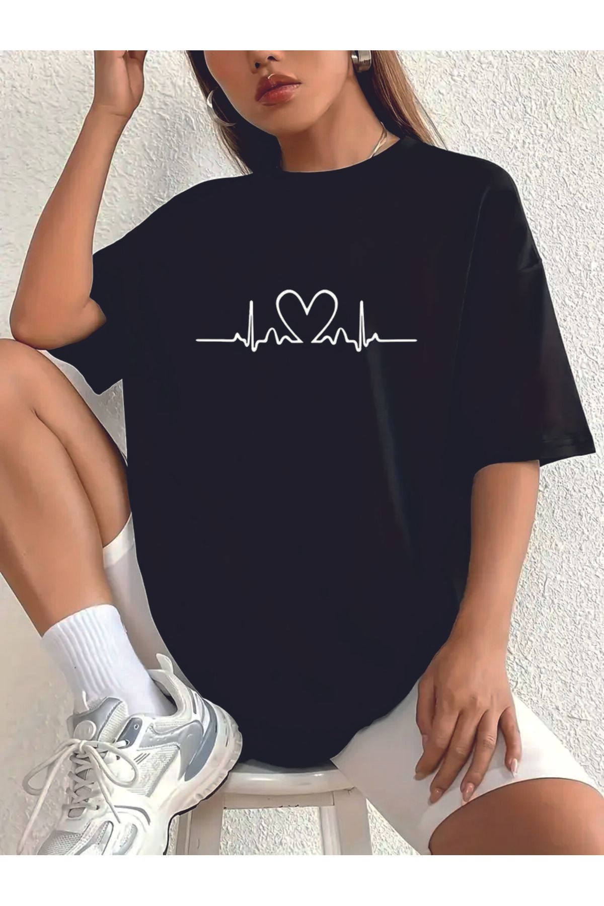 HOFFNUNG T SHIRT Kadınlar İçin heart puls oversize Boy Nefes Alabilen Düşük Omuzlu Tişört