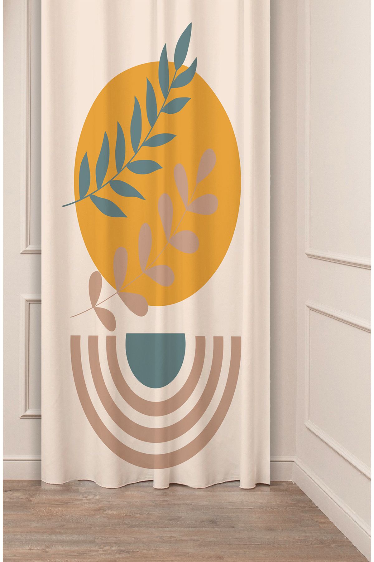 GREENDECOR Yaprak Bohem Minimalist Bej Krem Desenli Özel Tasarım Dijital Baskılı (Tek Kanat) Modern Fon Perde