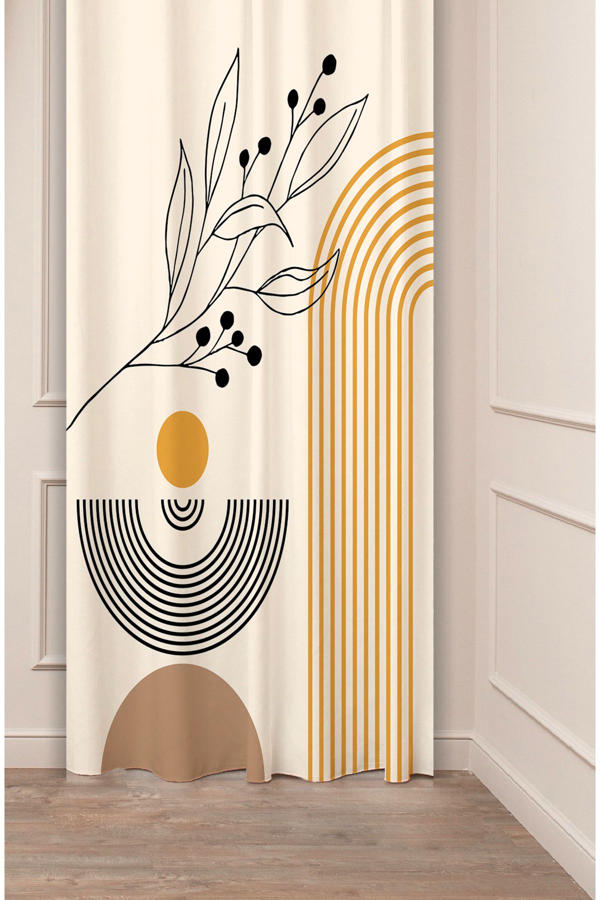 GREENDECOR Yaprak Bohem Minimalist Bej Krem Desenli Özel Tasarım Dijital Baskılı (Tek Kanat) Modern Fon Perde