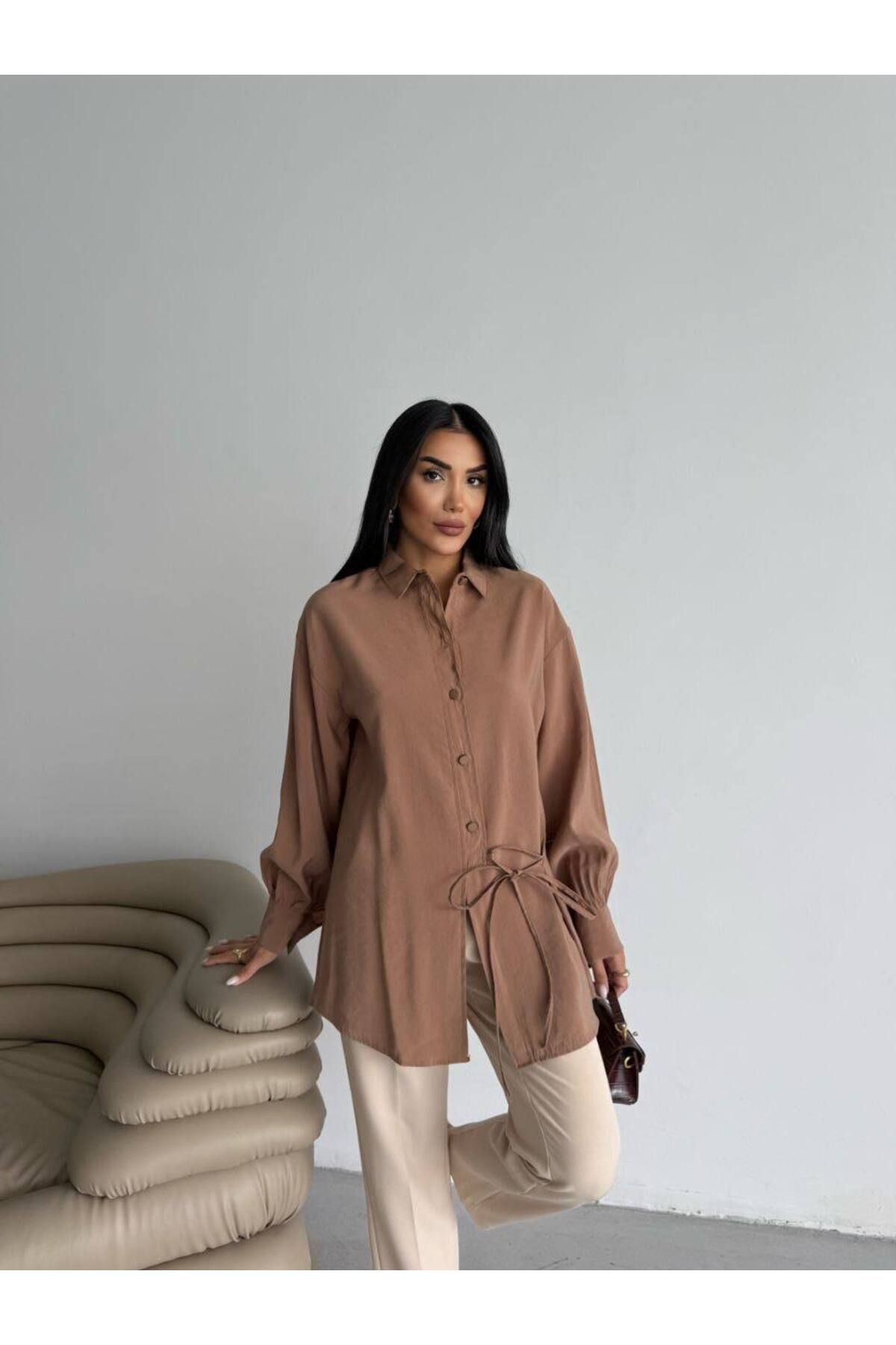 PİNK FLY Yandan Bağlamalı Oversize Uzun Kollu Gömlek