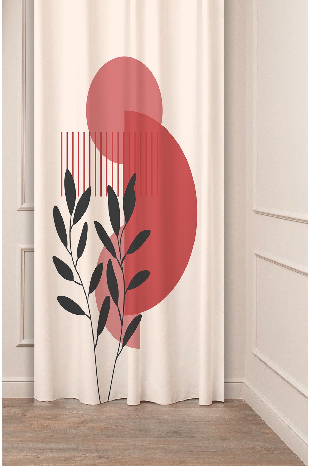 GREENDECOR Yaprak Bohem Minimalist Bej Krem Desenli Özel Tasarım Dijital Baskılı (Tek Kanat) Modern Fon Perde
