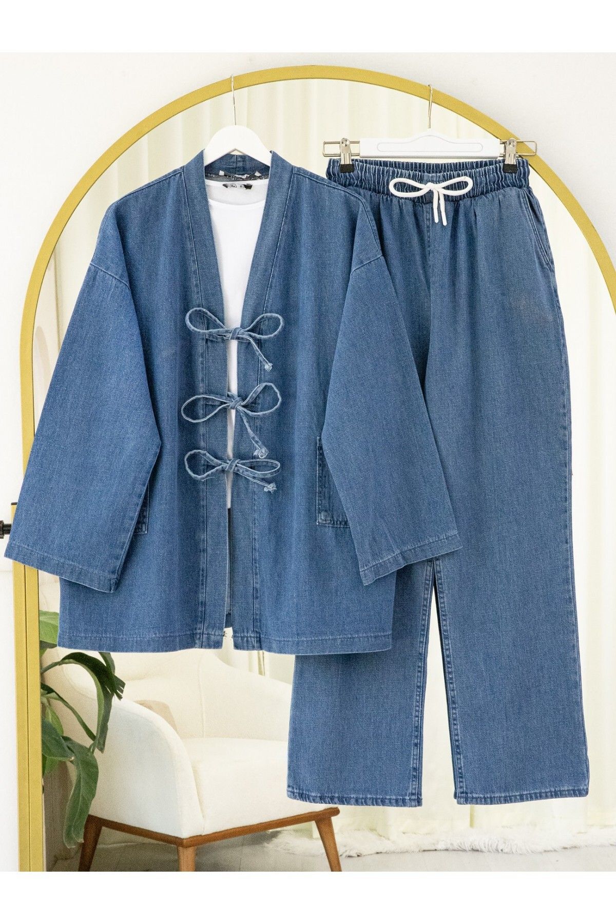 Modamorfo Önü Bağlamalı Cepli Pantolonlu Kot Kimono Takım -Koyu Mavi