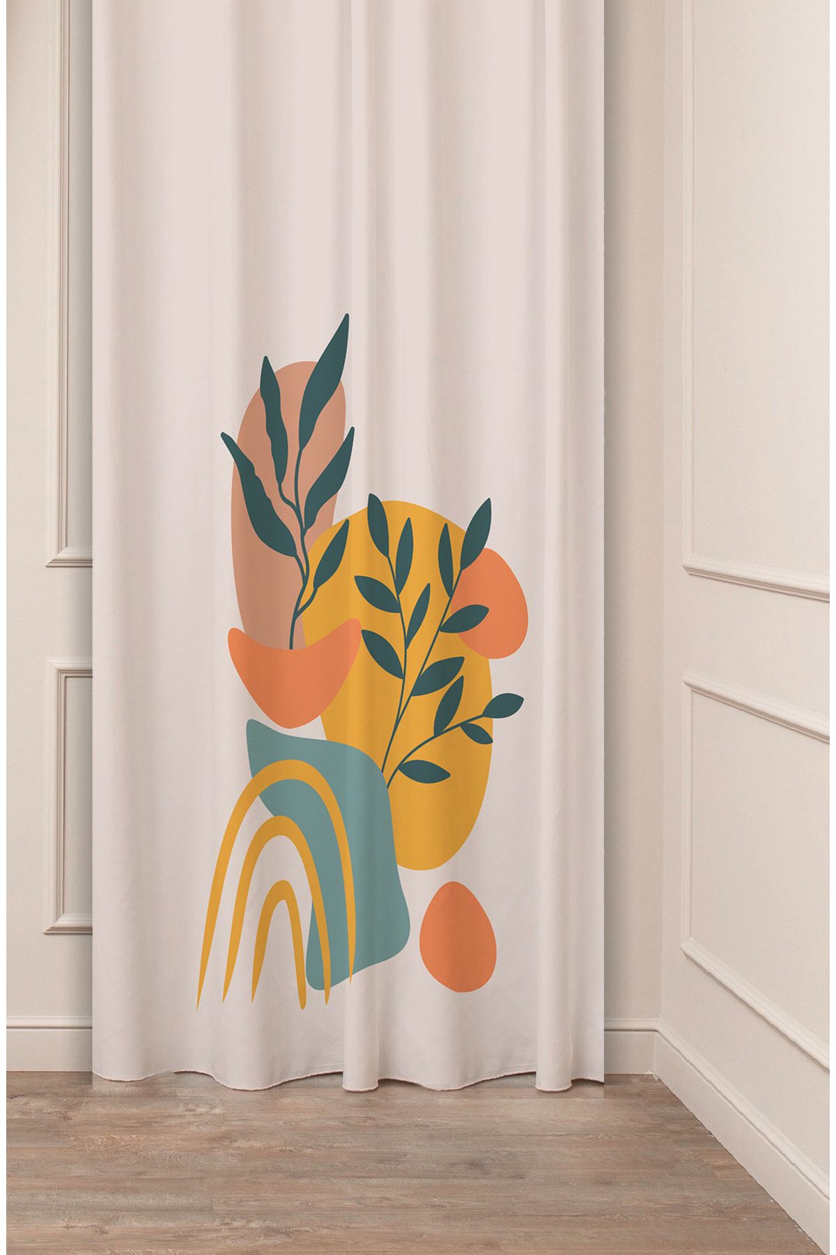 GREENDECOR Yaprak Bohem Minimalist Bej Krem Desenli Özel Tasarım Dijital Baskılı (Tek Kanat) Modern Fon Perde