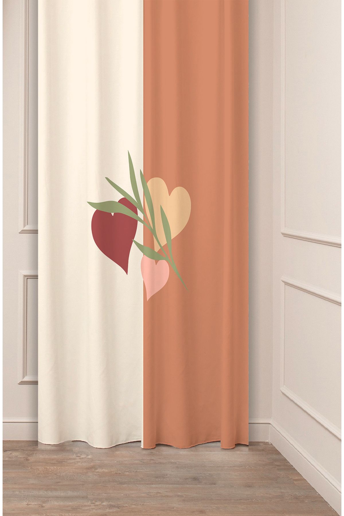 GREENDECOR Kalp Aşk Bohem Minimalist Bej Krem Desenli Özel Tasarım Dijital Baskılı (Tek Kanat) Modern Fon Perde