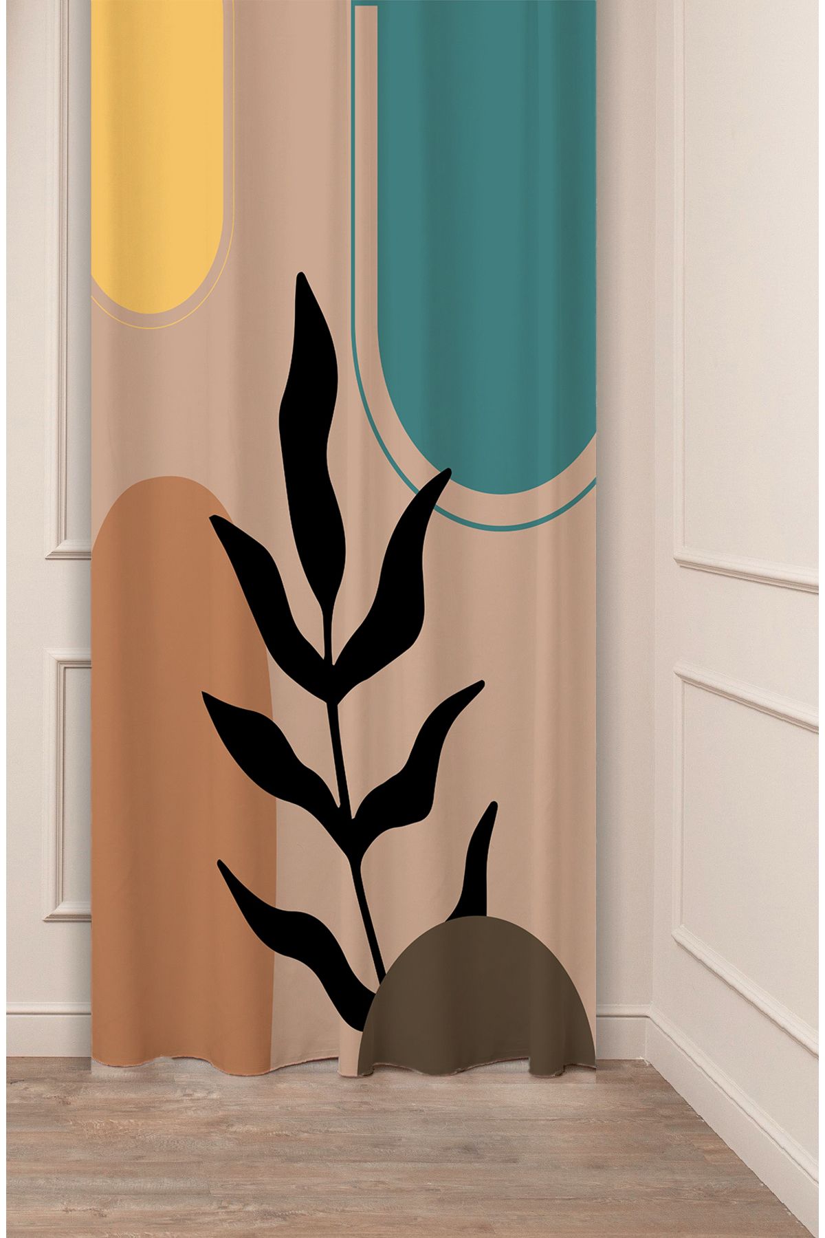 GREENDECOR Yaprak Bohem Minimalist Bej Krem Desenli Özel Tasarım Dijital Baskılı (Tek Kanat) Modern Fon Perde