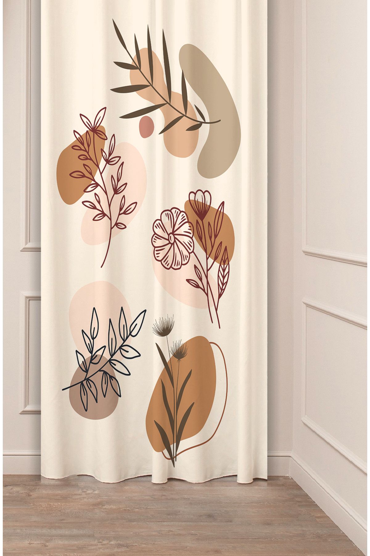 GREENDECOR Yaprak Bohem Minimalist Bej Krem Desenli Özel Tasarım Dijital Baskılı (Tek Kanat) Modern Fon Perde