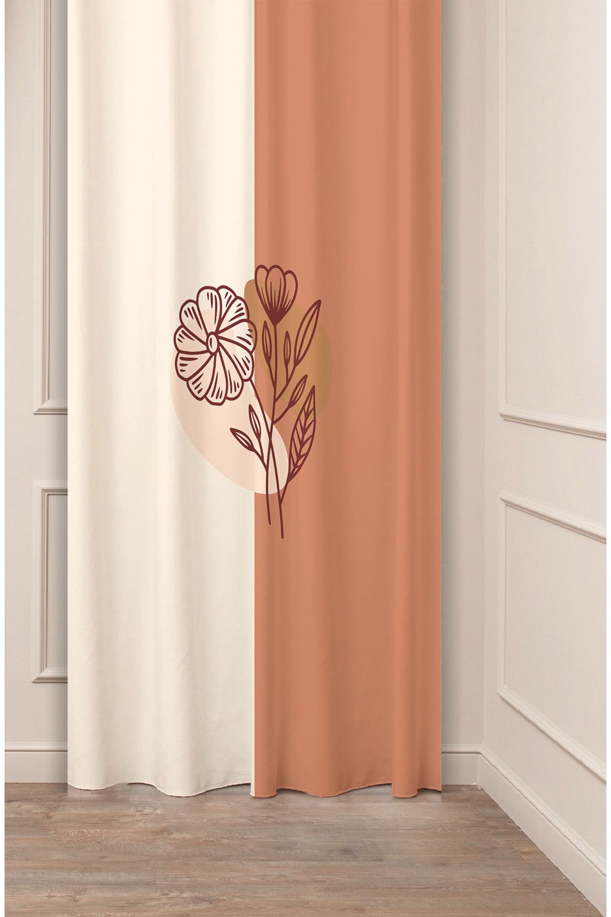 GREENDECOR Çiçek Bohem Minimalist Bej Krem Desenli Özel Tasarım Dijital Baskılı (Tek Kanat) Modern Fon Perde