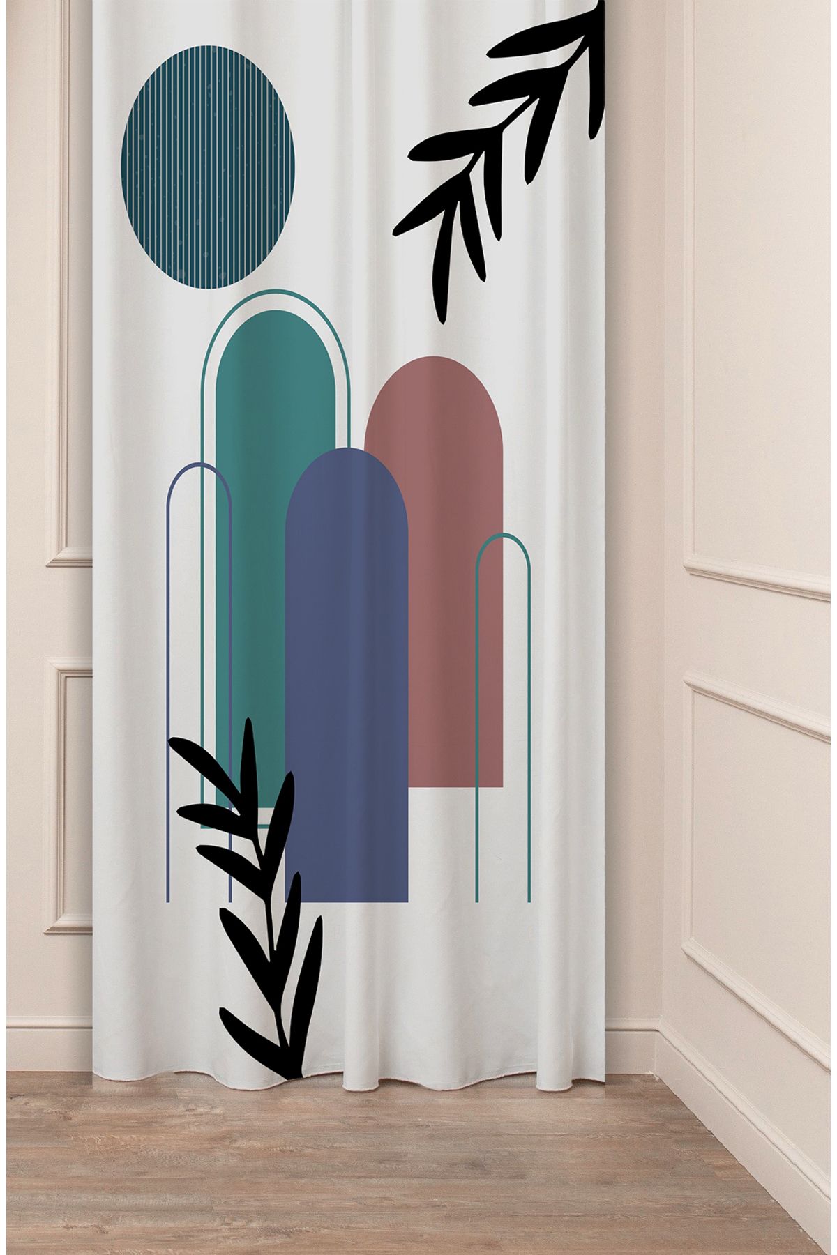 GREENDECOR Yaprak Bohem Minimalist Bej Krem Desenli Özel Tasarım Dijital Baskılı (Tek Kanat) Modern Fon Perde