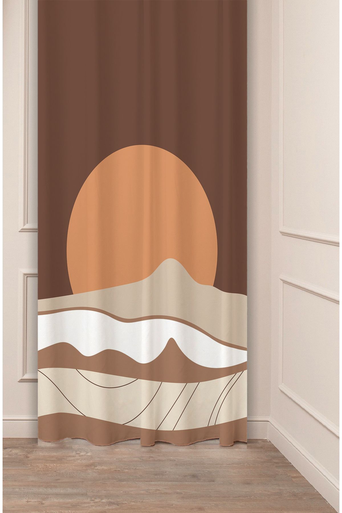 GREENDECOR Güneş Ay Bohem Minimalist Bej Krem Desenli Özel Tasarım Dijital Baskılı (Tek Kanat) Modern Fon Perde