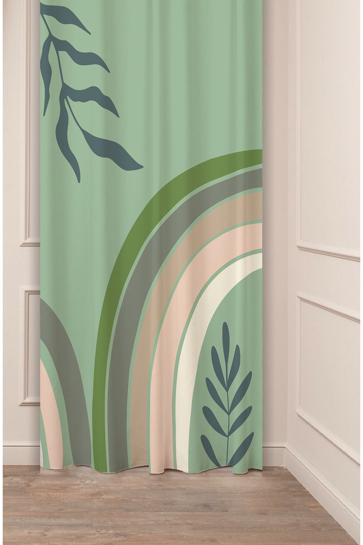 GREENDECOR Yaprak Bohem Minimalist Bej Krem Desenli Özel Tasarım Dijital Baskılı (Tek Kanat) Modern Fon Perde