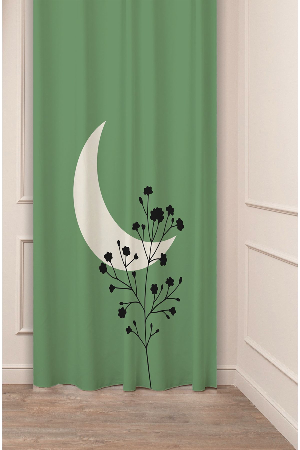 GREENDECOR Ay Çiçek Bohem Minimalist Bej Desenli Özel Tasarım Dijital Baskılı (Tek Kanat) Modern Fon Perde