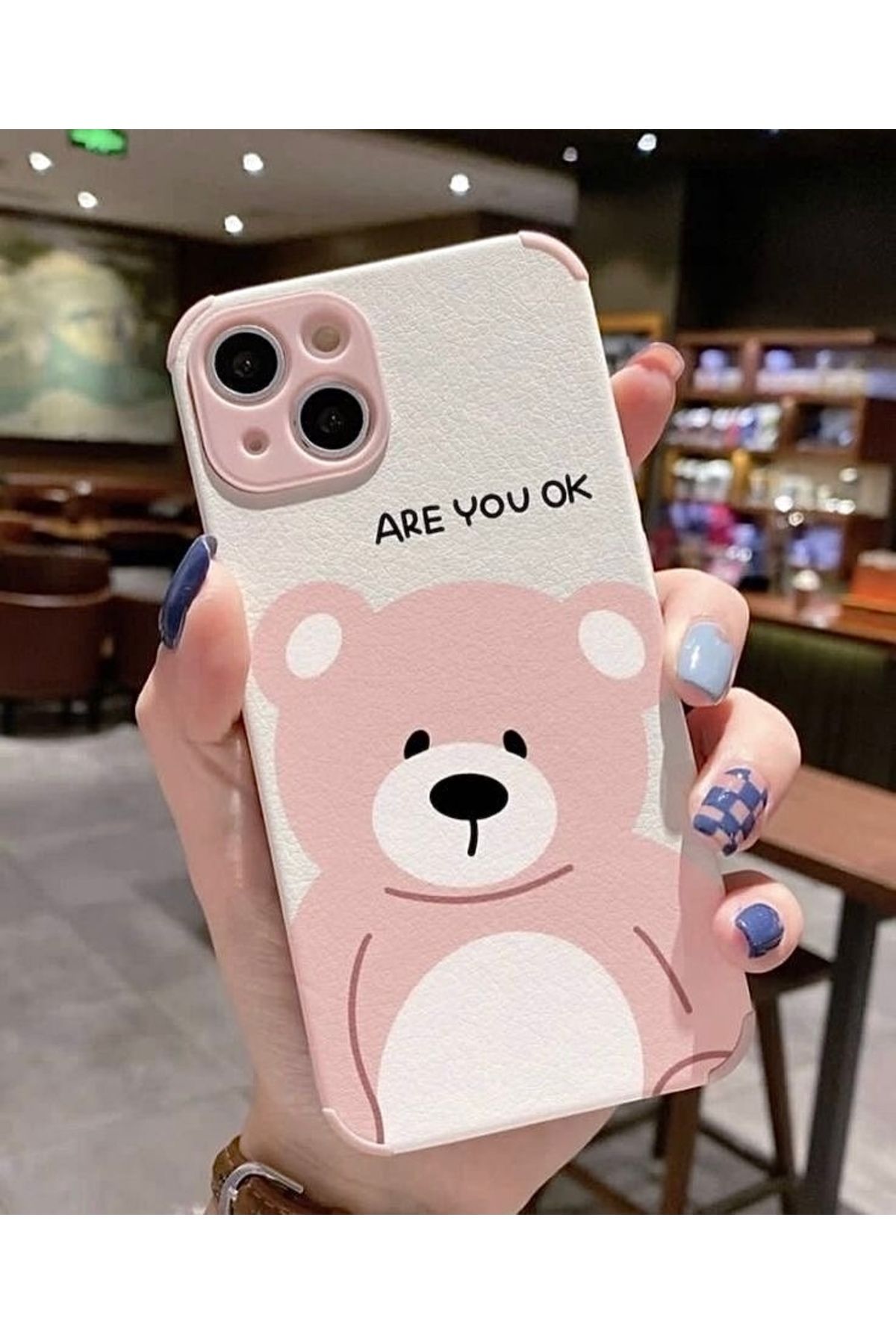 MirazTasarim IPHONE 13 PEMBE/BEYAZ AYICIK DESENLİ DERİ GÖRÜNÜMLÜ KILIF
