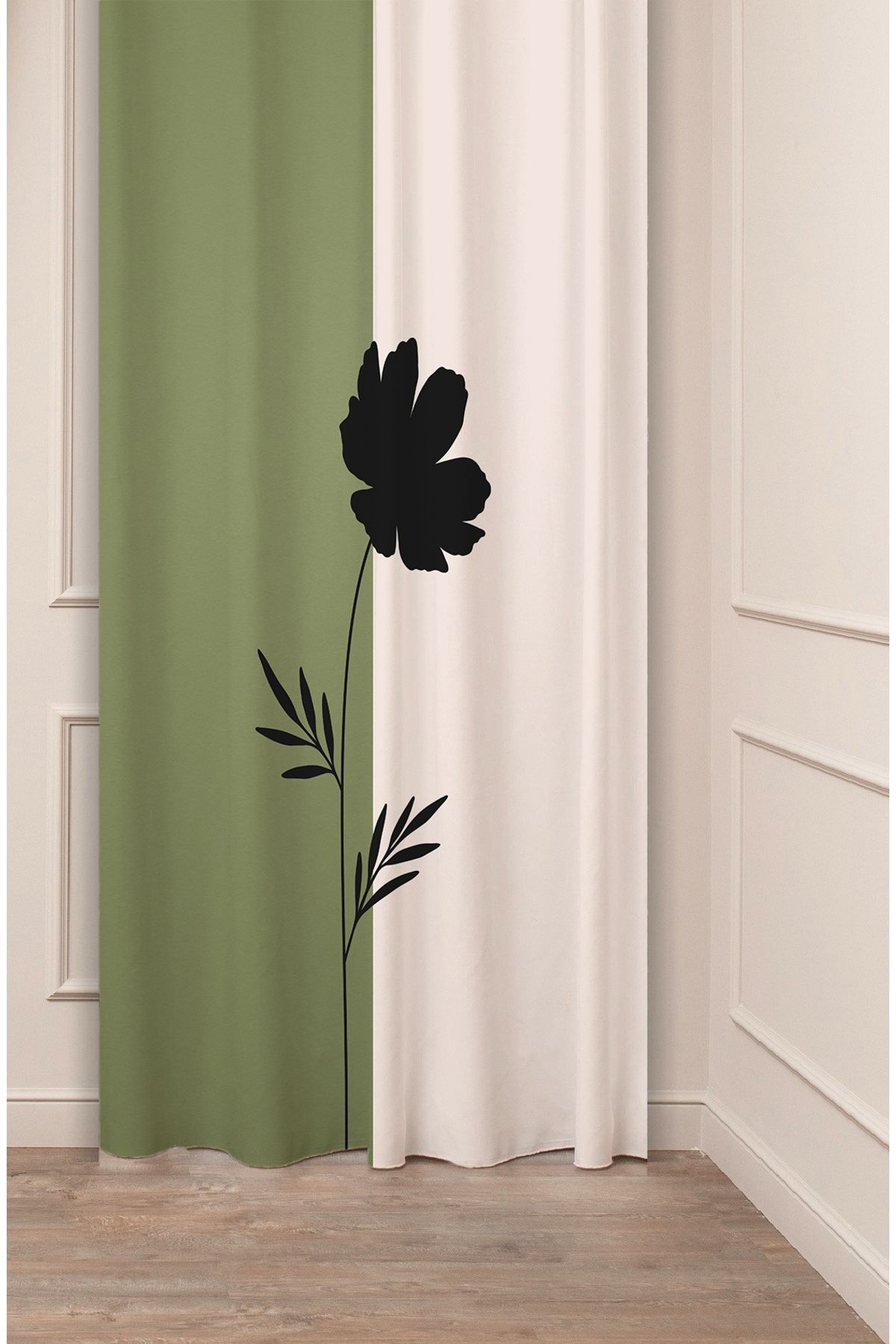 GREENDECOR Çiçek Bohem Minimalist Bej Yeşil Desenli Özel Tasarım Dijital Baskılı (Tek Kanat) Modern Fon Perde